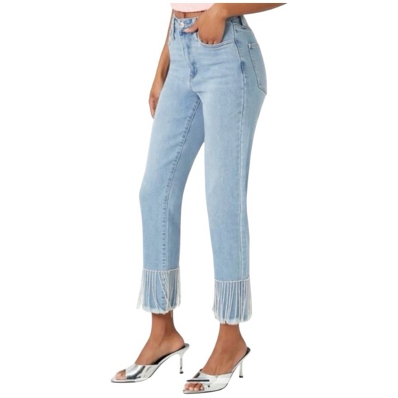 Forever 21 Rhinestone Fringe Ankle Light Blue Wash High Waisted Jeans size 27 - Picture 5 of 12